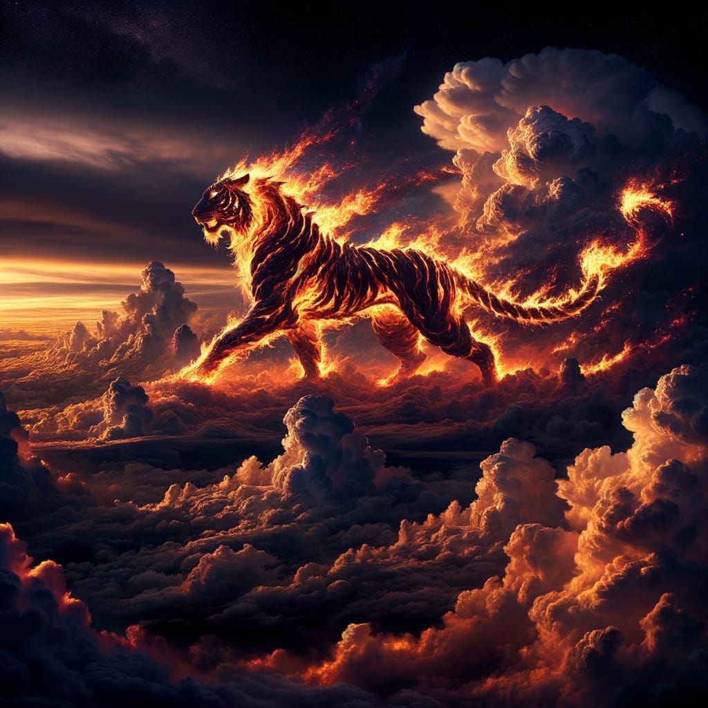 Mystical Fire Tiger Over Cloudscape at Sunset
