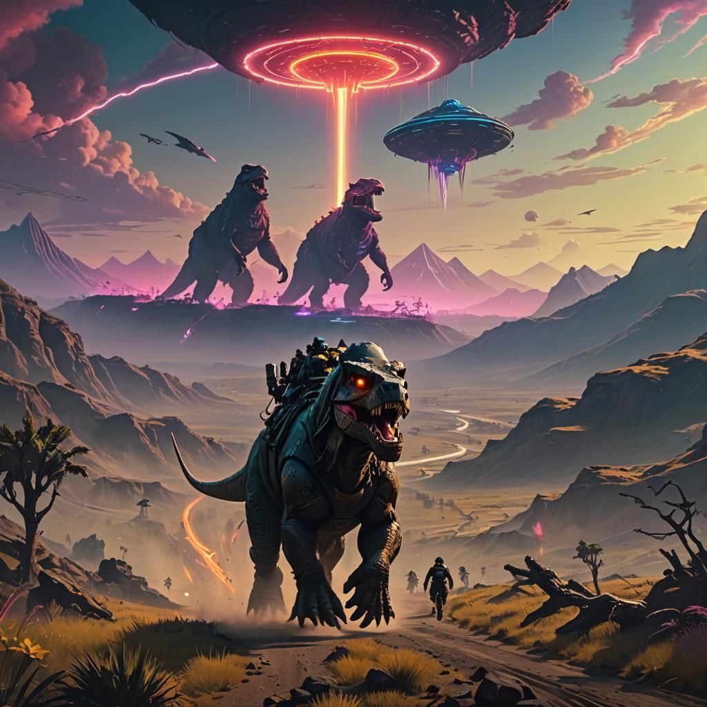 Bigfoot on T-Rex in Cyberpunk Valley