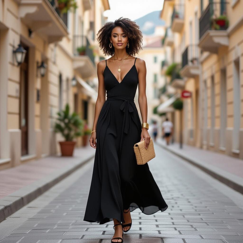 Monaco Woman in Black Dress, Elegant Style