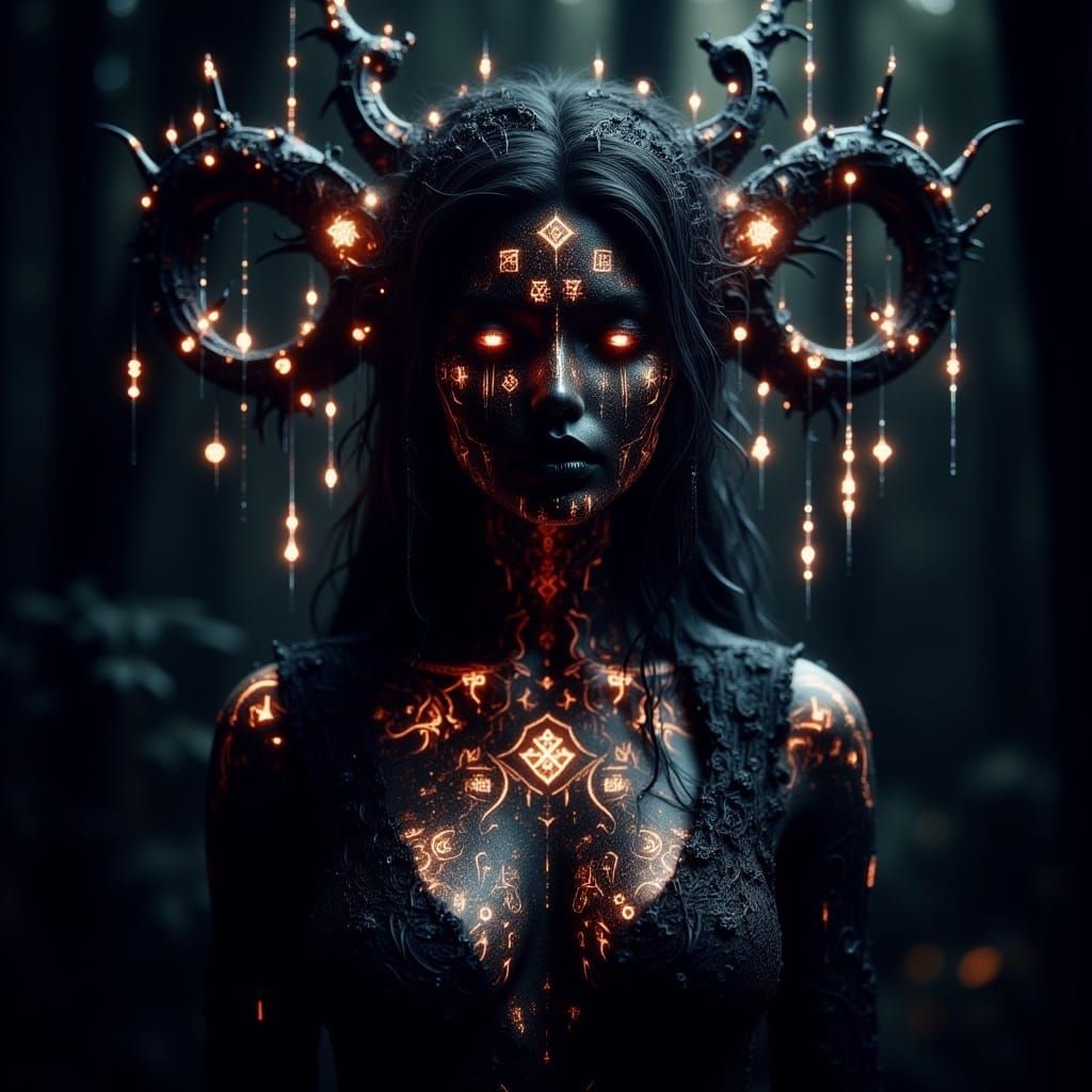 Enchantress in Forest with Glowing Runes