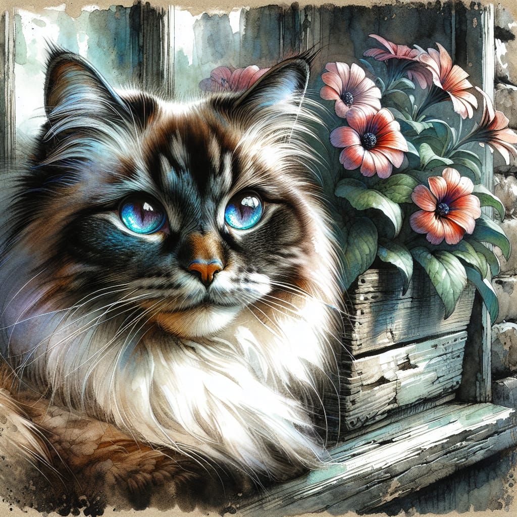 Ragdoll Cat Portrait with Flower Box, Watercolor Style