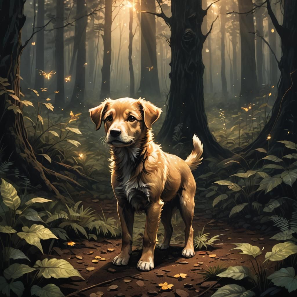 Eerie Puppy in Dark Forest Illustration