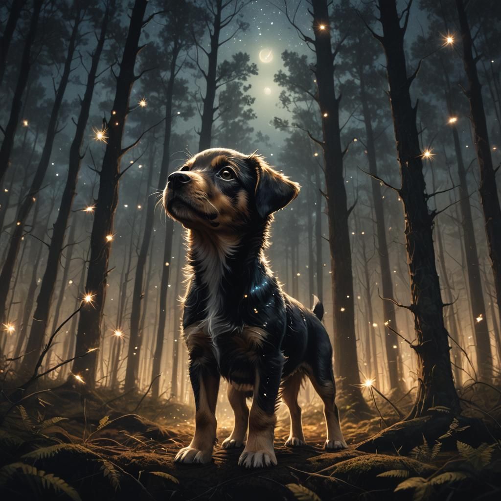 Puppy in Dark Forest with Fireflies