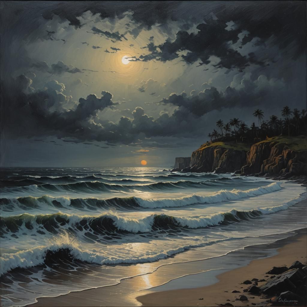 Mysterious Dark Shoreline at Night as Oil Painting