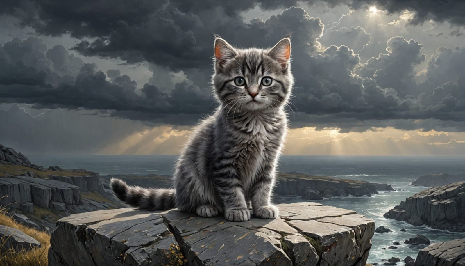 Fluffy Gray Kitten on Rock Under Stormy Sky