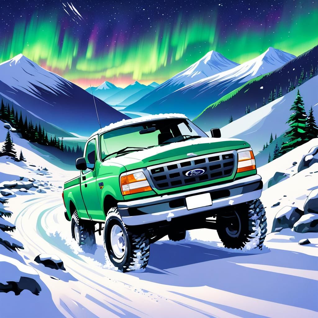 Green Ford Pickup Truck Under Aurora Borealis