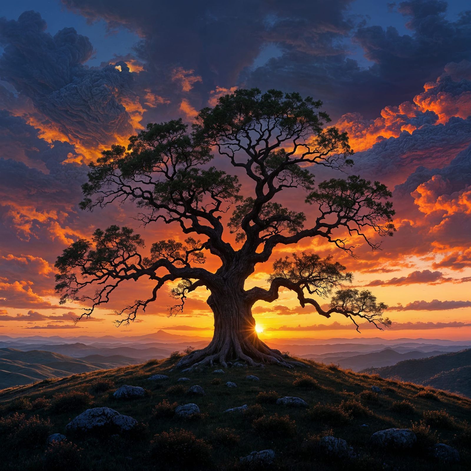 Colossal Ancient Tree Sunset Landscape as Luminist Painting