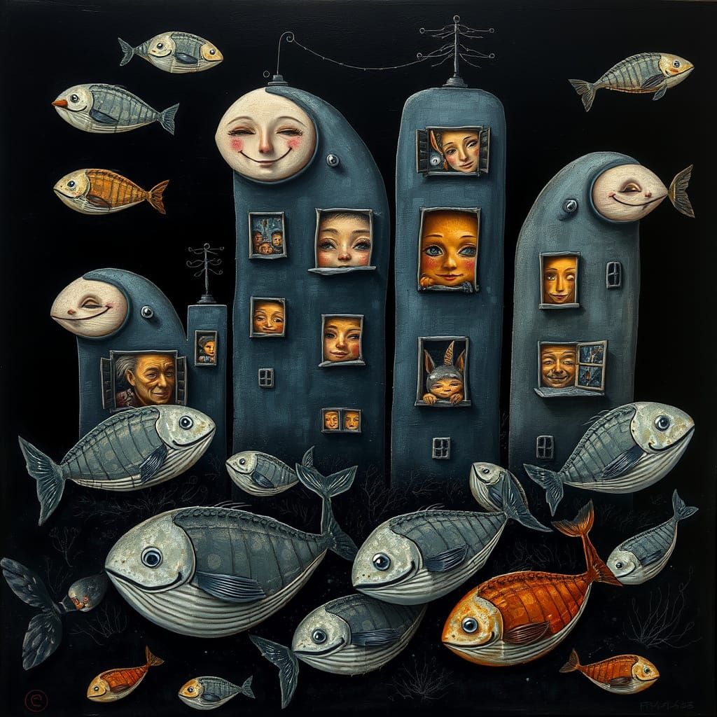 Surreal Primitive Painting of Whales with Faces