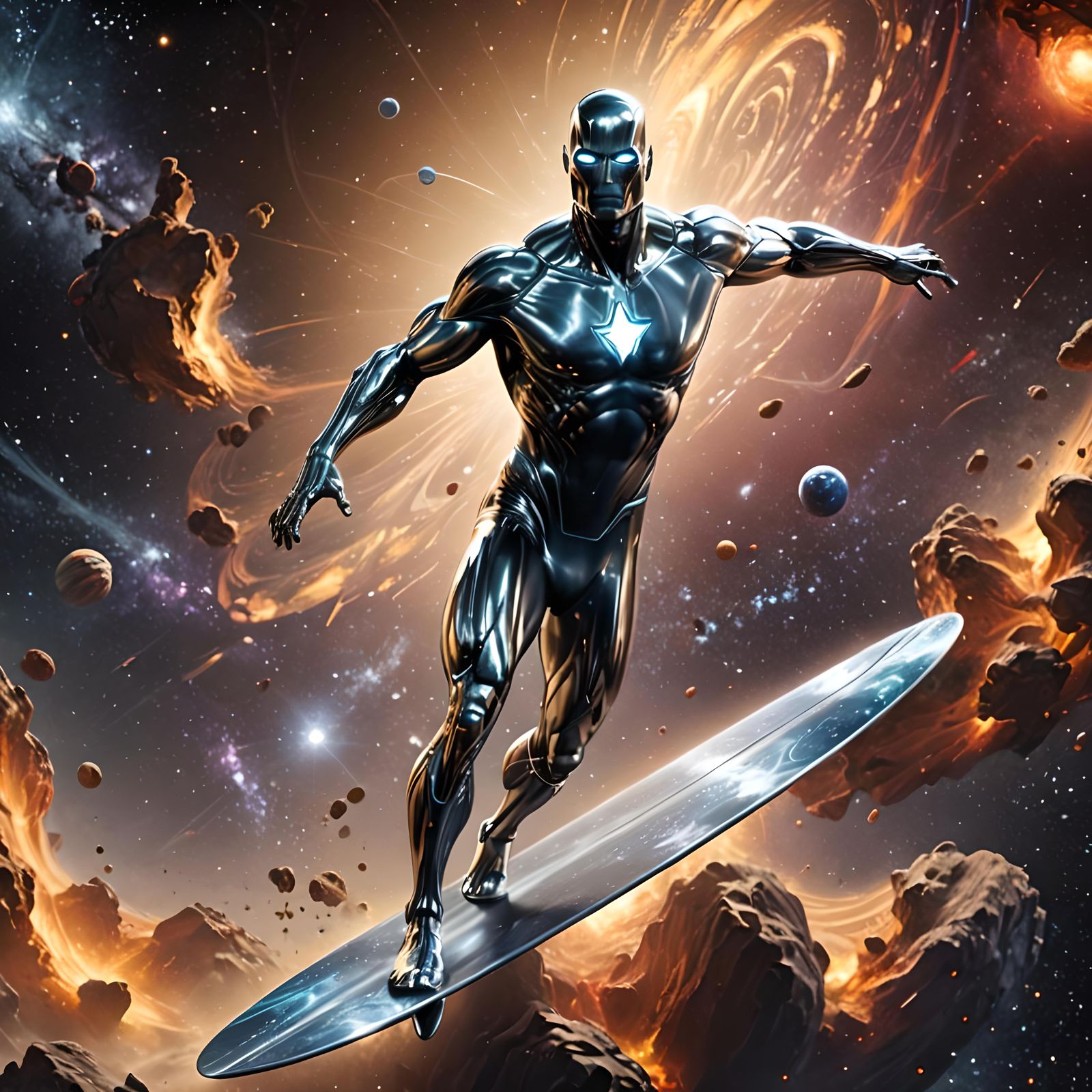 Silver Surfer Rides Cosmic Waves in Digital Painting