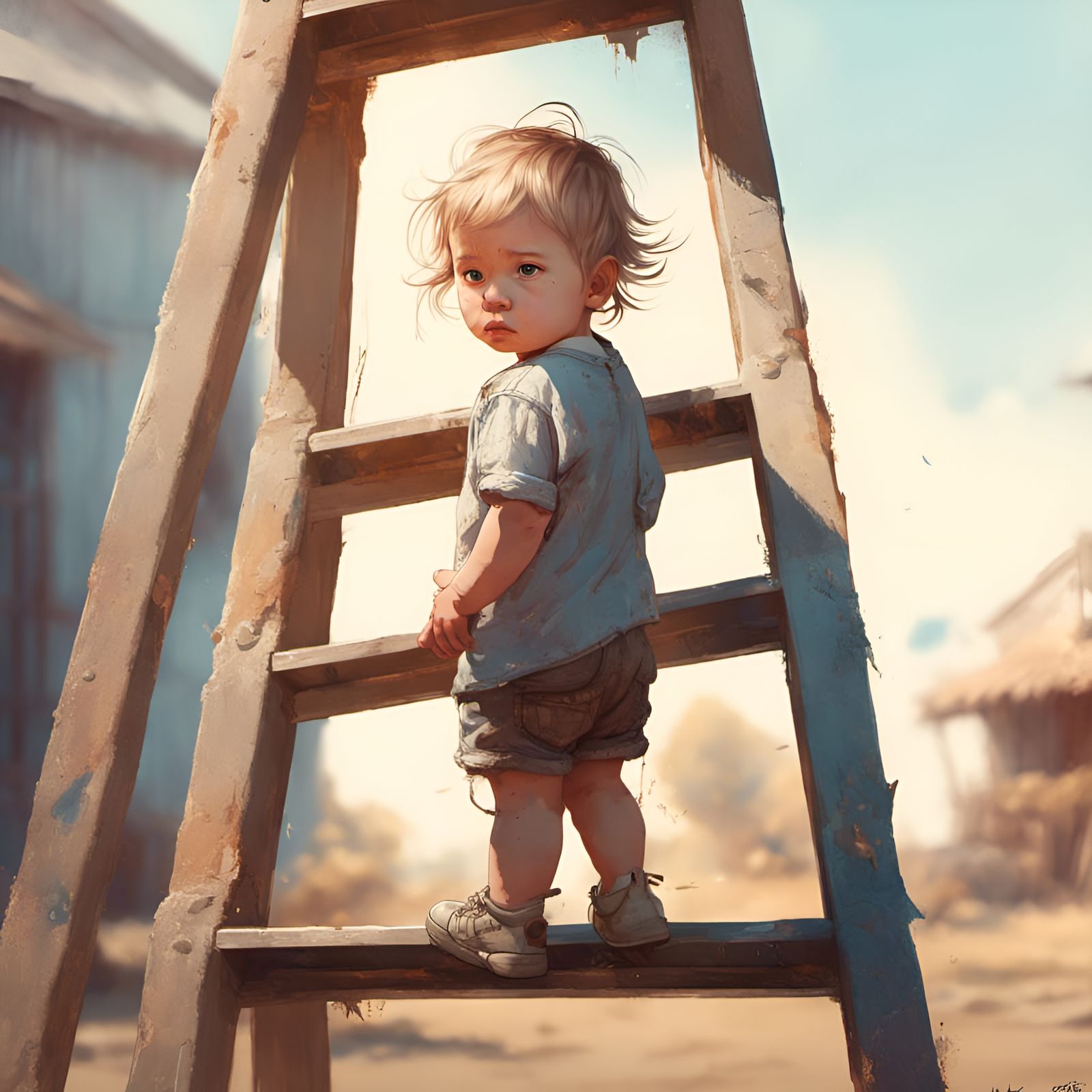 Sad Toddler Portrait with Ladder, Digital Illustration