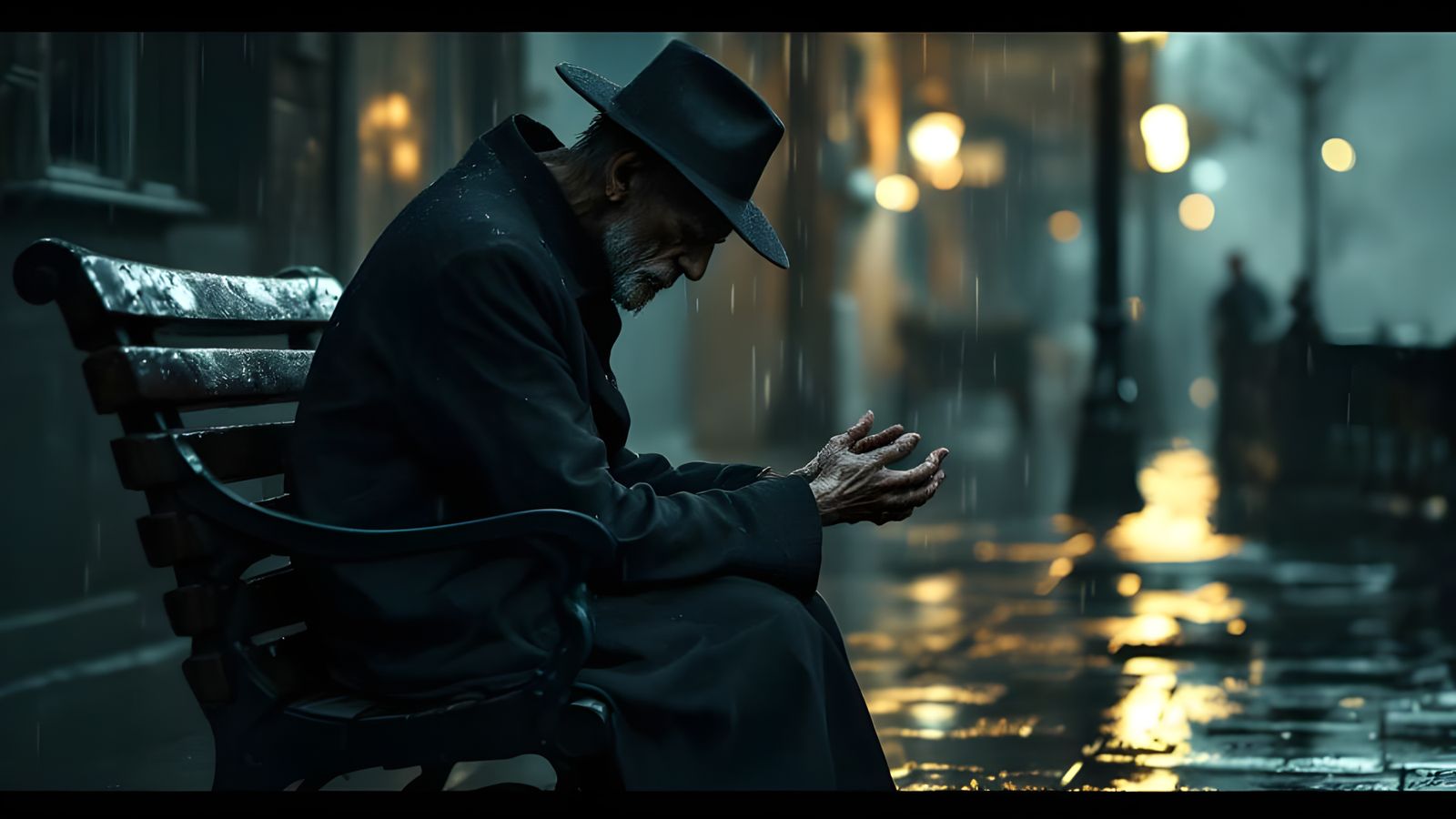 Gritty Cinematic Portrait of a Lonely Old Man in Rainy Weath...