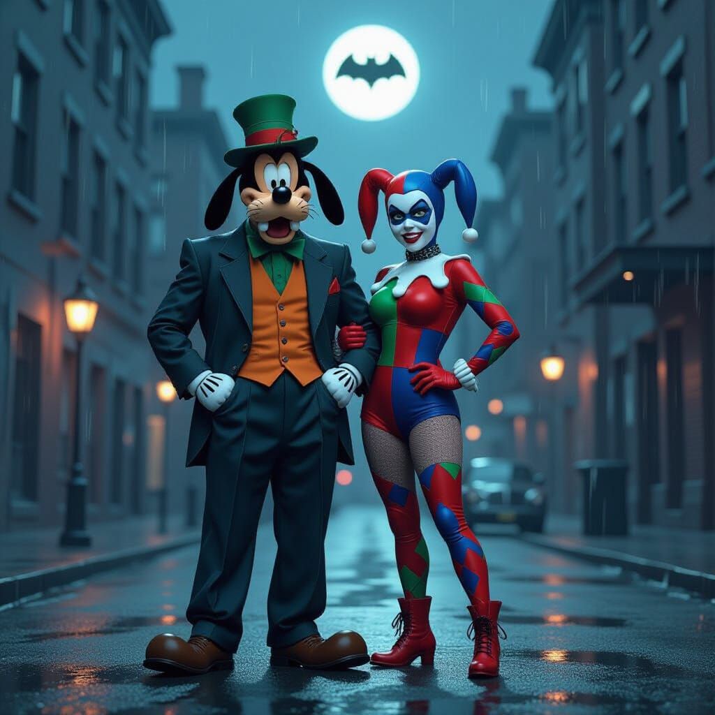 Goofy and Harley Quinn in Noir Gotham