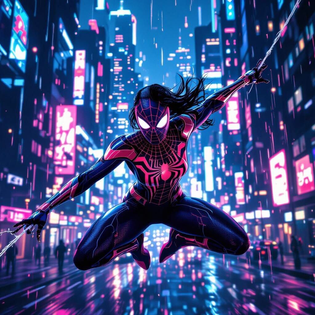 Female Spider-Man Swings Through Neon Cyberpunk Cityscape