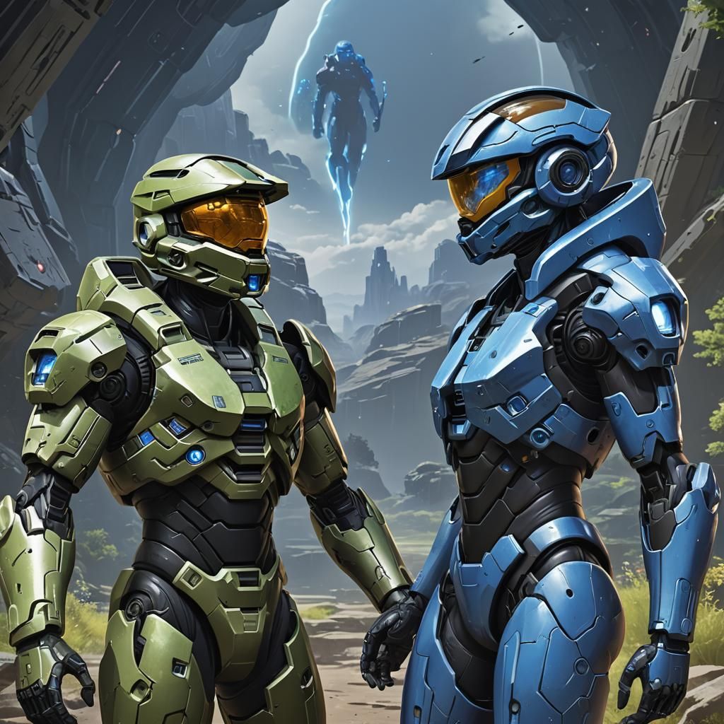 Master Chief and Cortana in 3D Anime Style
