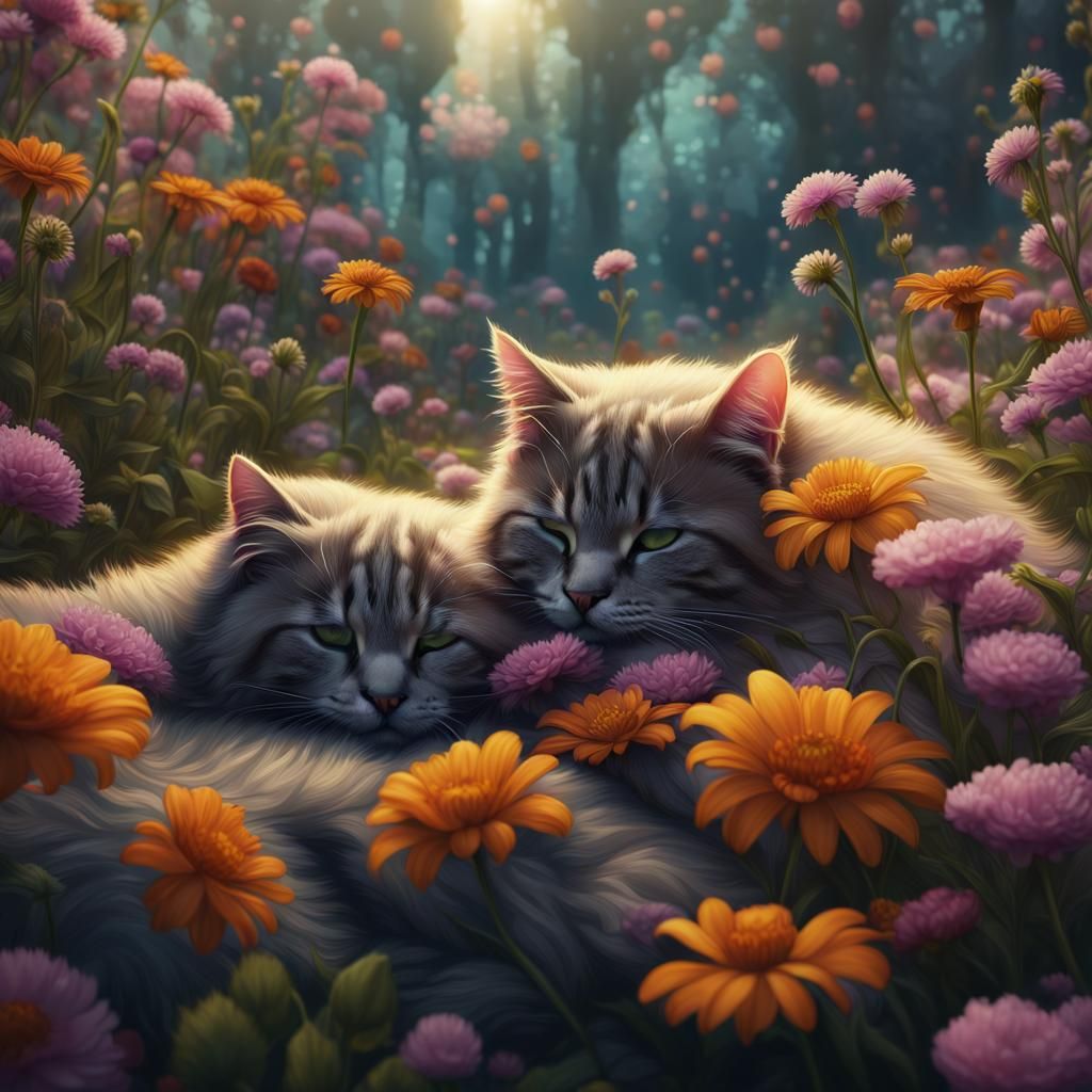 Cats Sleeping Among Flowers: Detailed Matte Painting