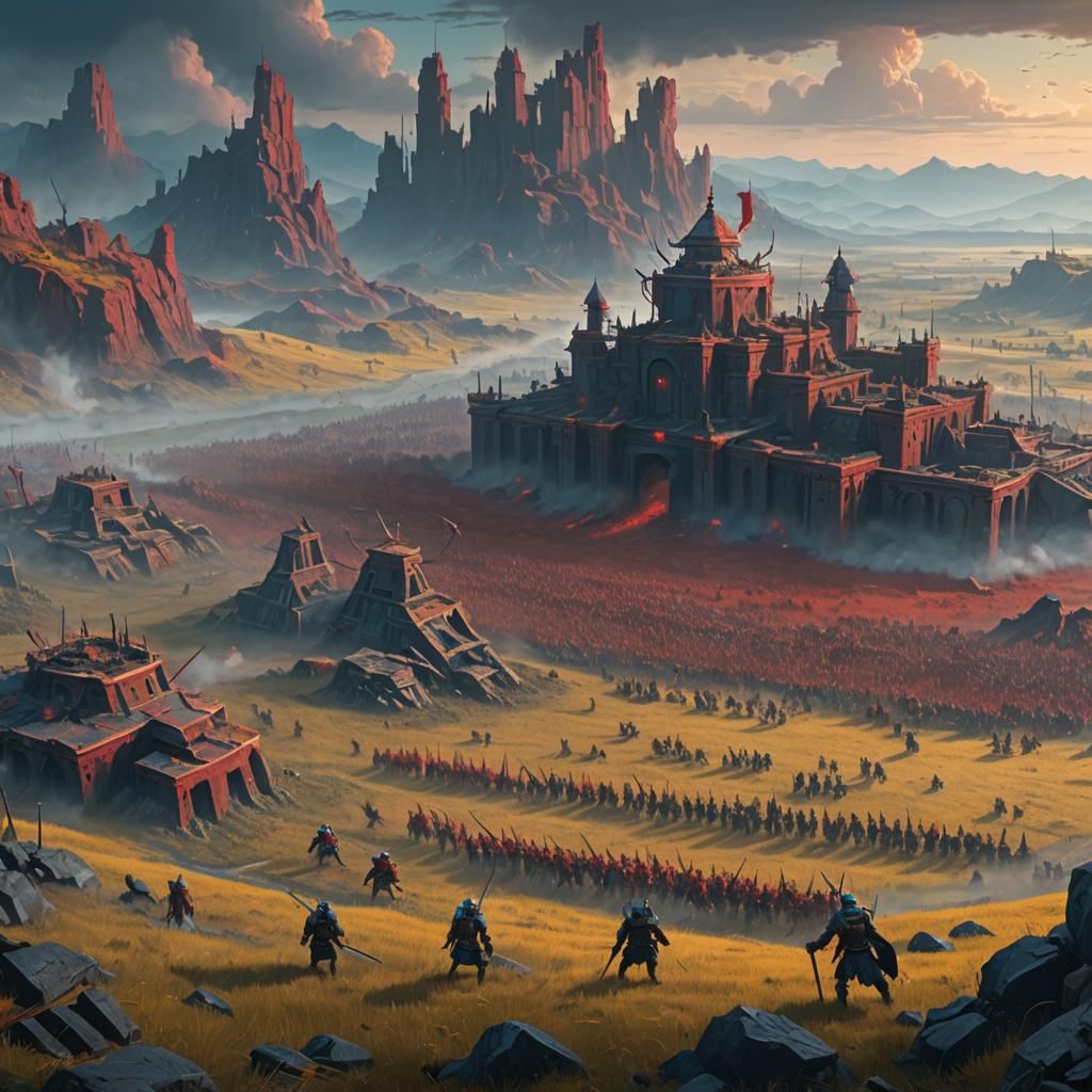 Epic Battlefield Clash in High Fantasy Landscape
