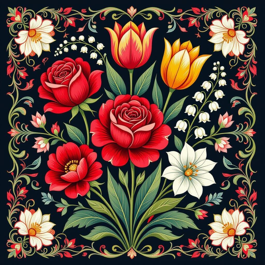 Floral Embroidery in William Morris Style