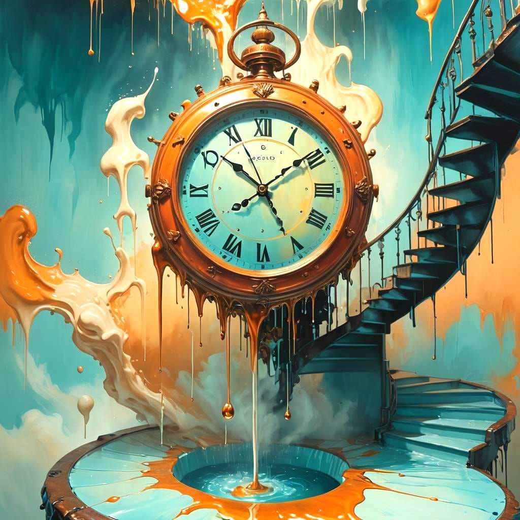 Surreal Melting Clock on Stairs, Dynamic Lighting