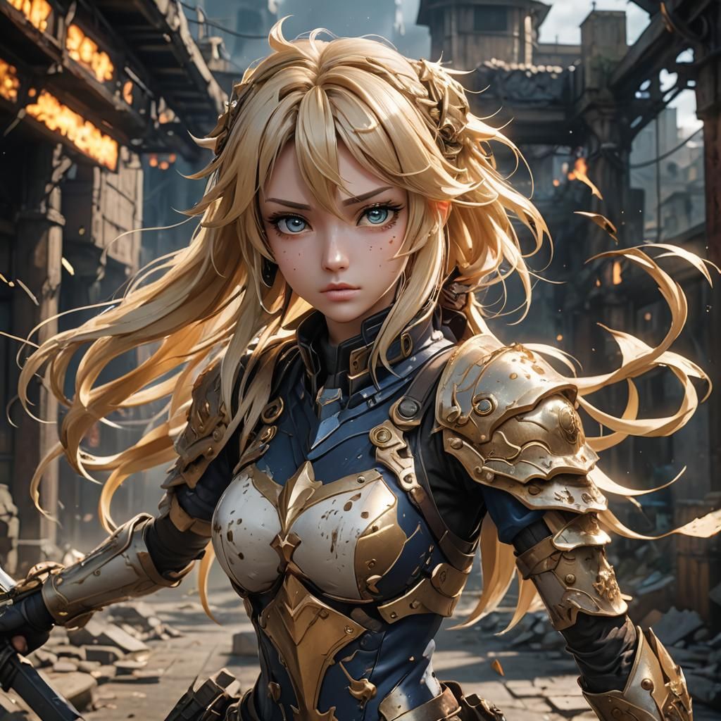 Tough Blonde Anime Warrior: Detailed Matte Painting