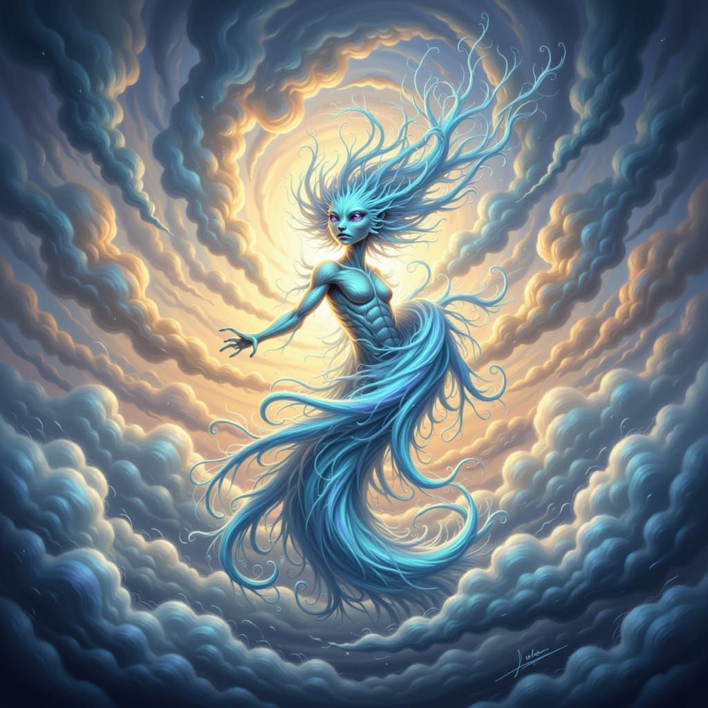 Majestic Air Elemental Emerges From Iridescent Cloud Vortex