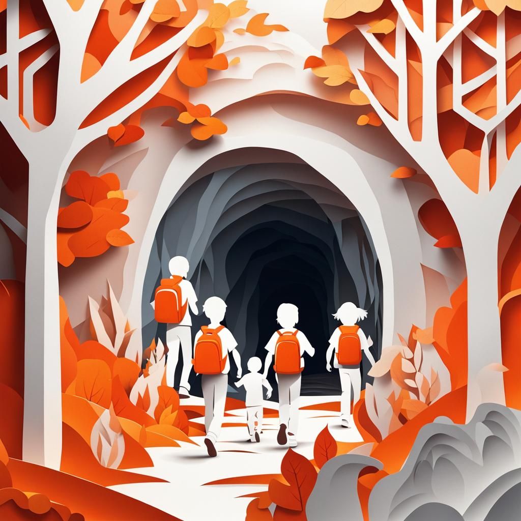 Children Explore Cave: Modern Paper-Cut Vector Art