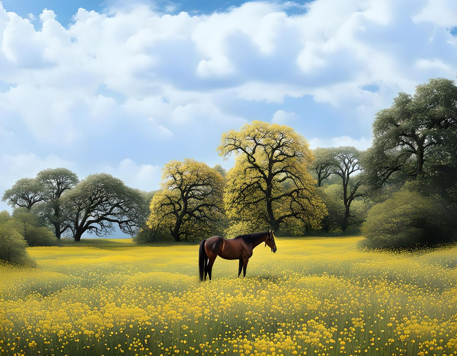 Horse Grazing in Impressionistic Flower Field