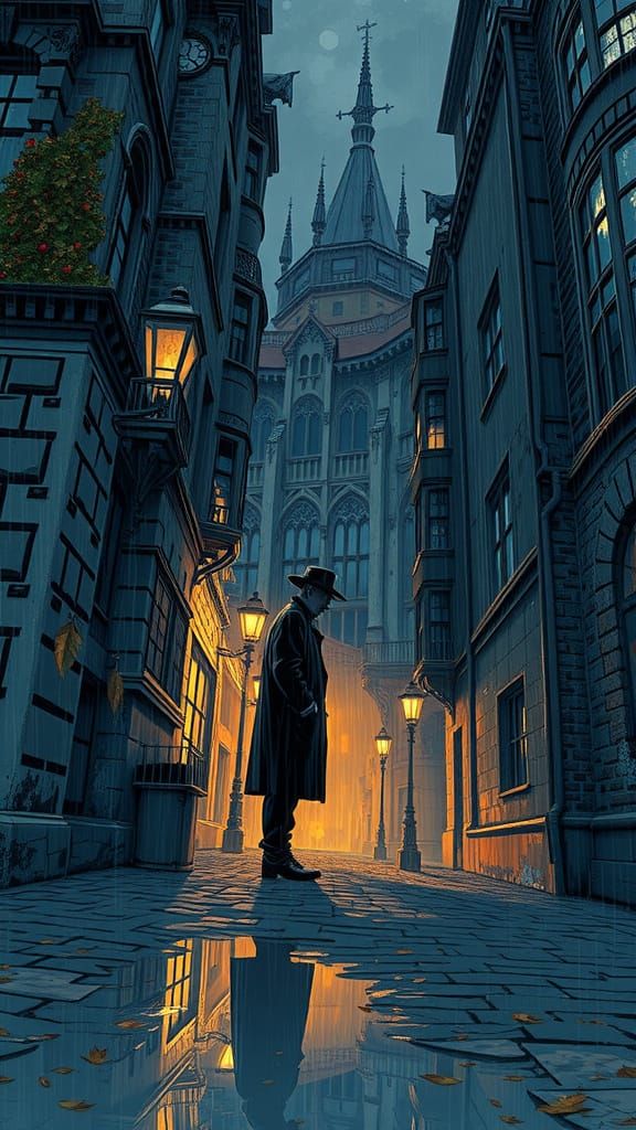 Gothic City Solitude: Man in Autumn Leaf Fedora
