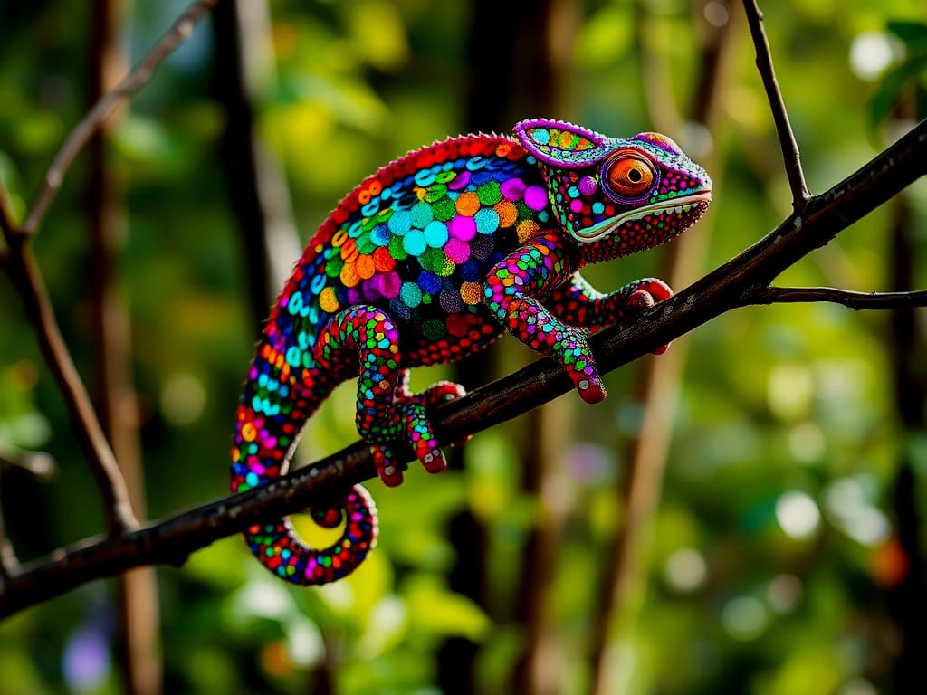 Sequin Chameleon in Dazzling Forest Landscape