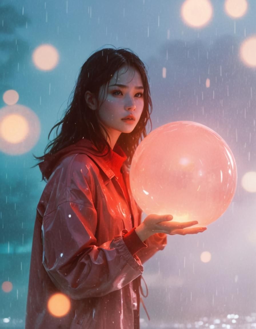 Woman Holds Glowing Sphere in Rain: Photorealistic Art