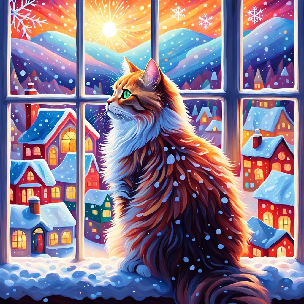 Cosmic Feline Gazing at Winter Wonderland