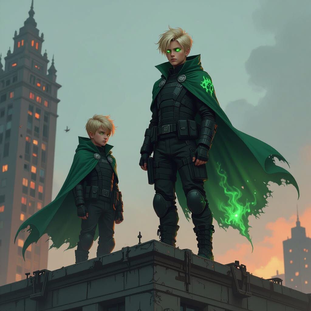 Teenager with Electrical Eyes on Building with Evil Twin