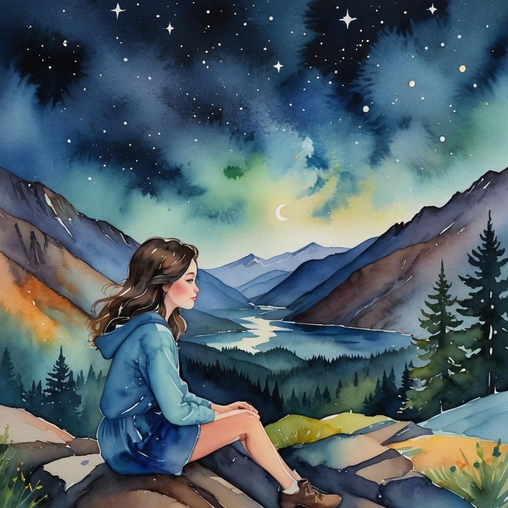Dreamlike Watercolor of Person Under Starry Night