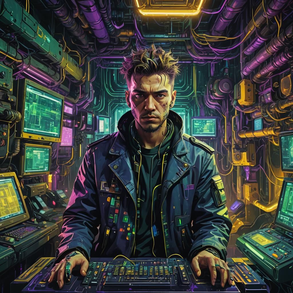 Hacker in Cyberpunk Machine Room: Fauvist Digital Art