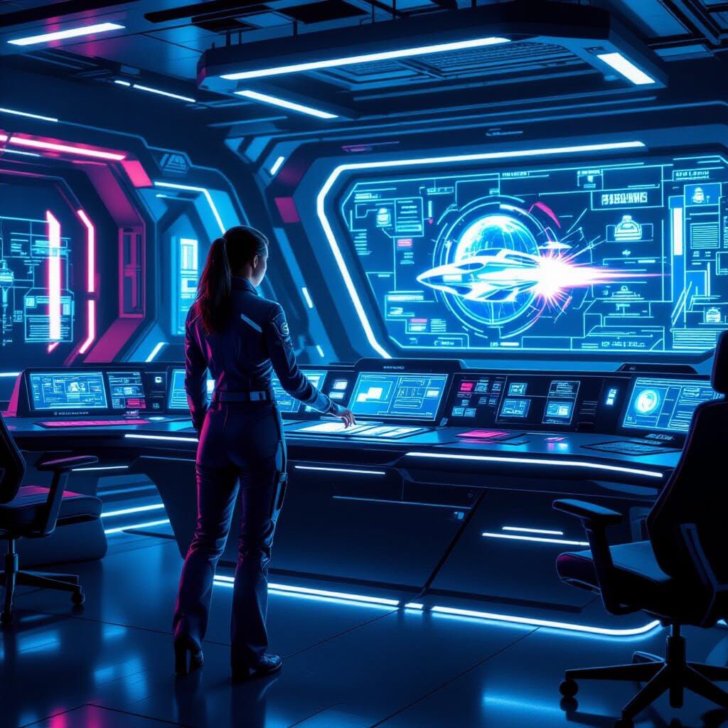 Futuristic Control Room Launch Sequence in Neon Light