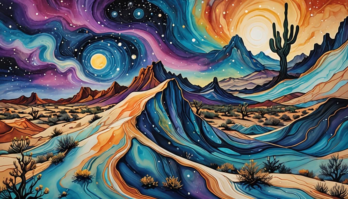 Surreal Arizona Desert Landscape in Naive Art Style