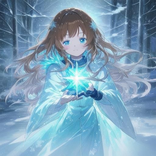Anime Girl with Ice Powers in Snowy Forest