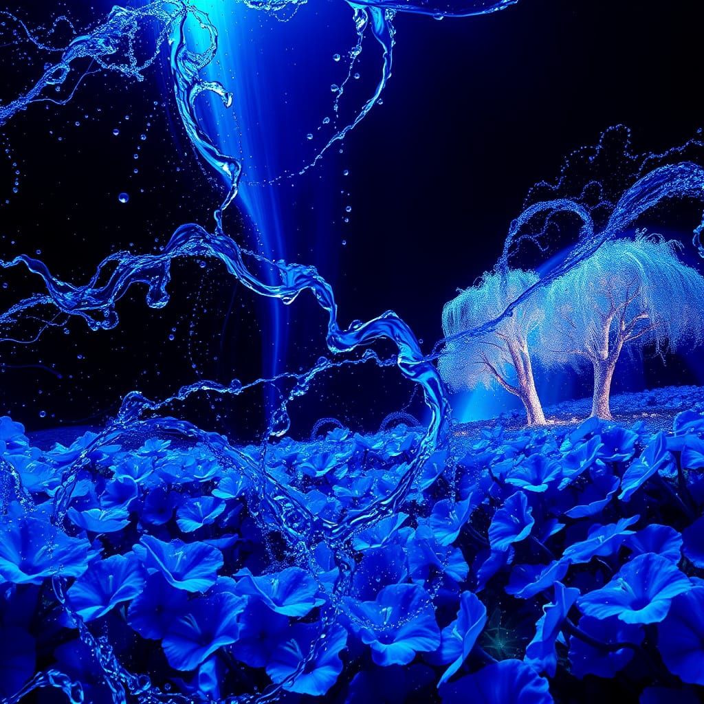 Elegant Blue Petunia Field with Glowing Trees