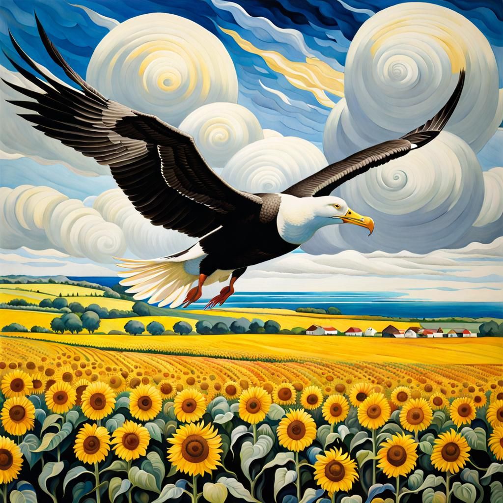 Obsidian Albatross Soaring Over Sunflower Fields