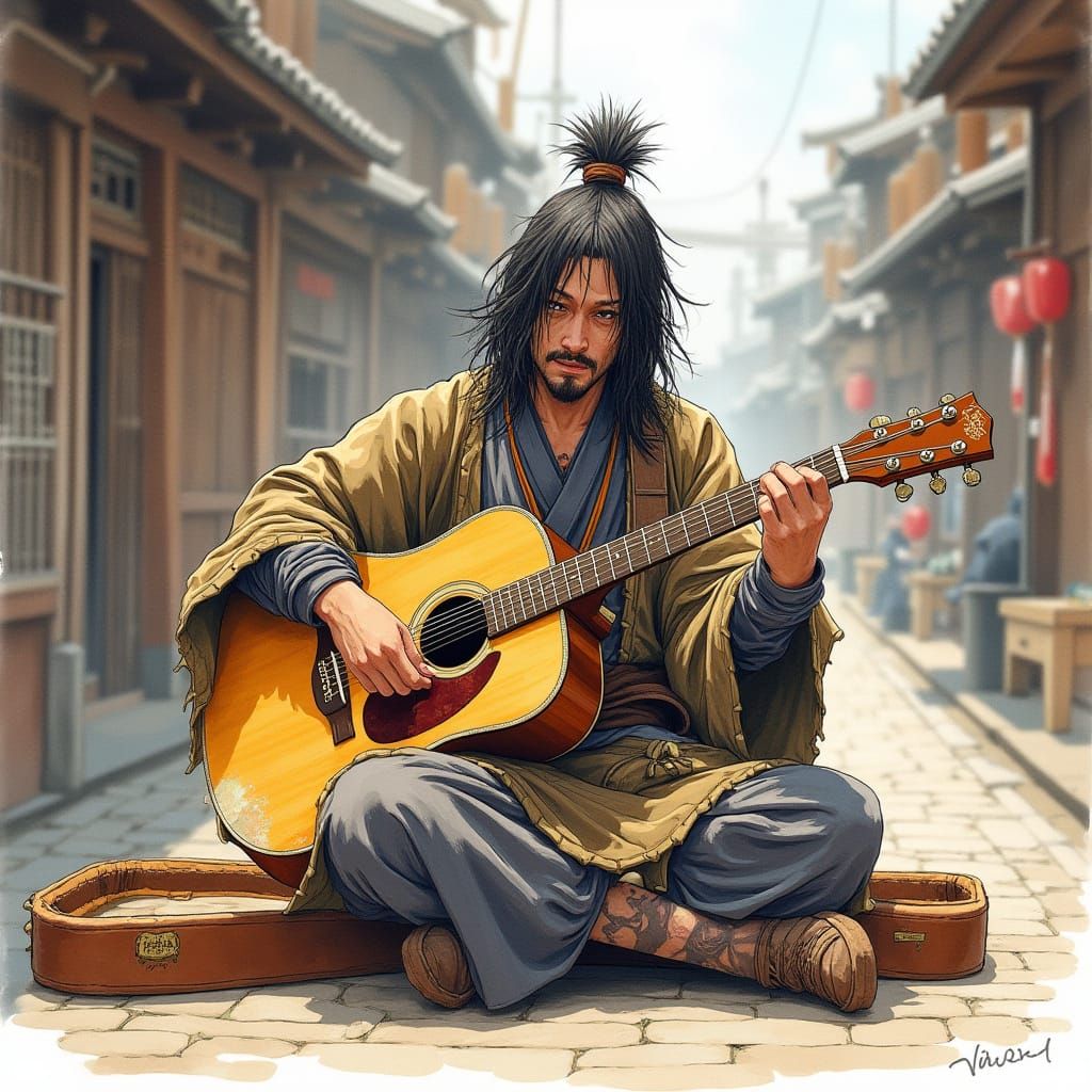 Ronin Samurai Plays Guitar in Edo Street Market Watercolor
