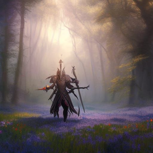 Dark Elf Knight in Enchanted Forest, Fantasy Art