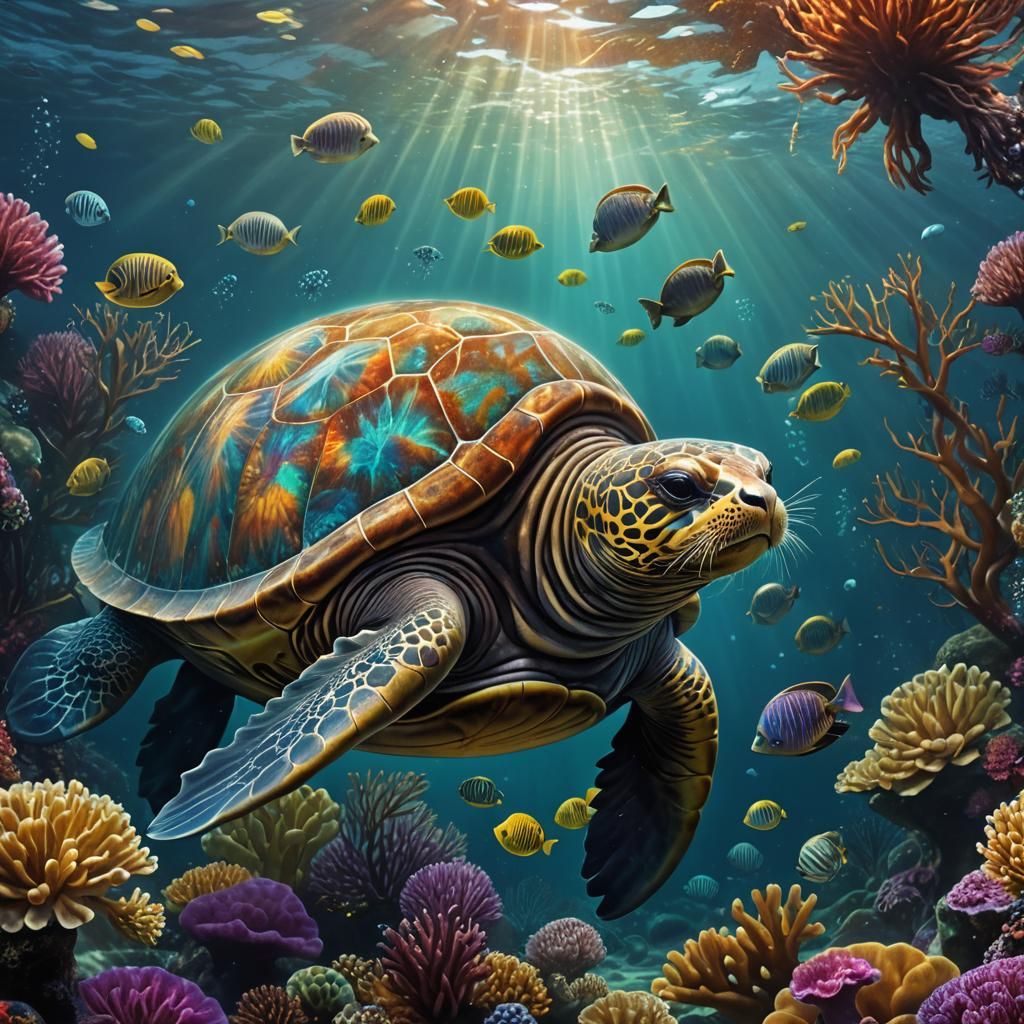 Fantastical Lion-Turtle Hybrid in Deep Sea