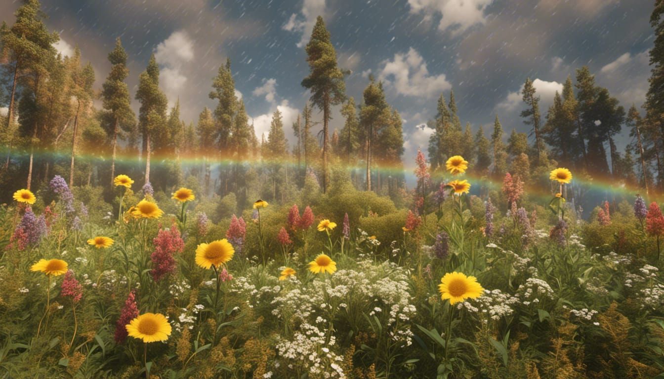 Native American Teepee in Redwood Forest with Rainbow