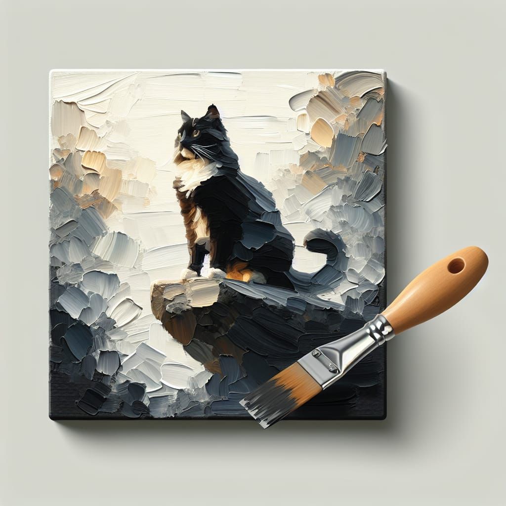 Proud Tuxedo Cat on Rock, Abstract Palette Knife Art