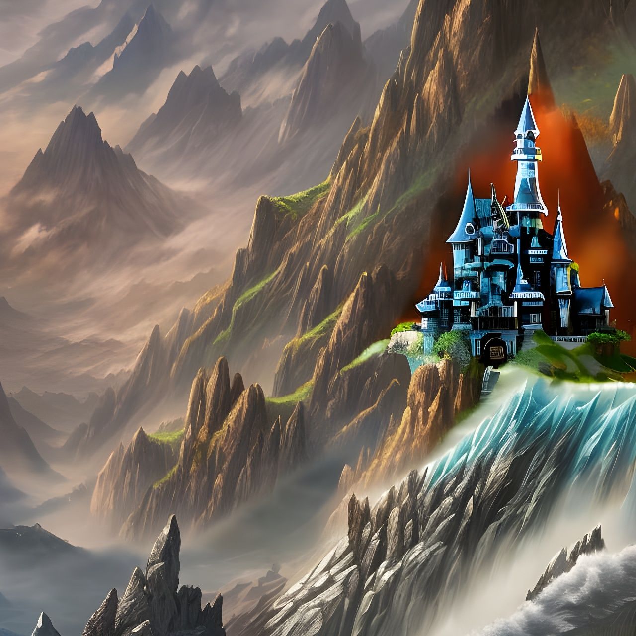 Mountains, Blue Castle, sharp focus, Sharp contrast, high black point, Deep depth of field, sharp focus, cinematographic...