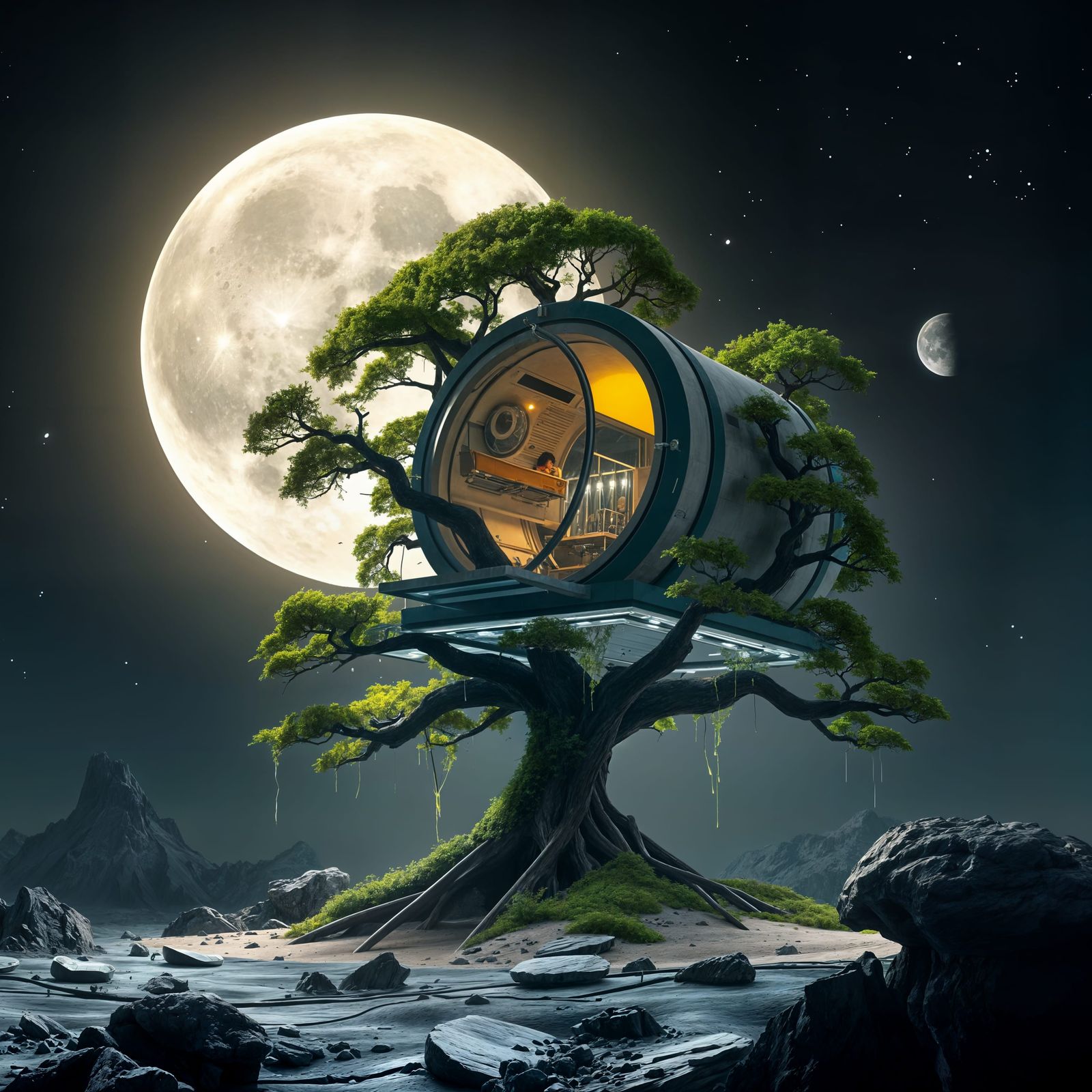 Cyberpunk Treehouse on the Lunar Surface