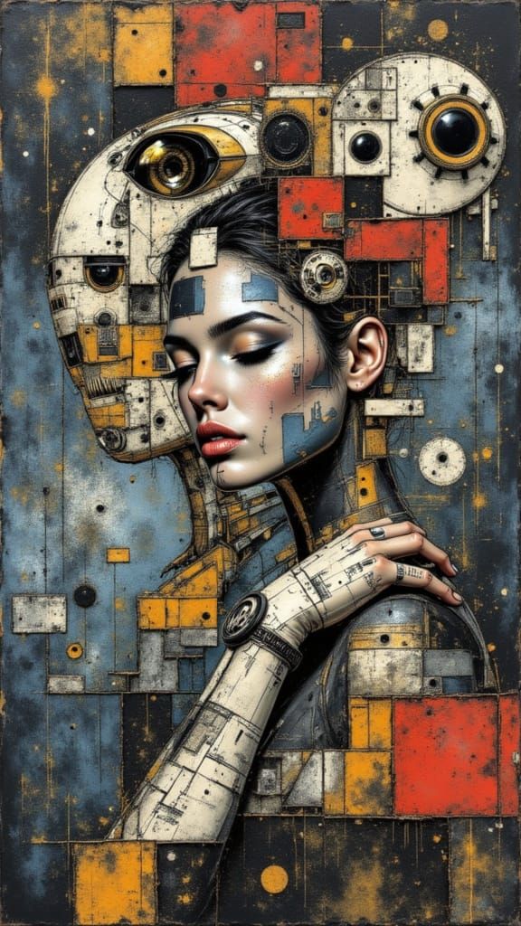 Surreal female portrait in cubism style, rough texture, expr...