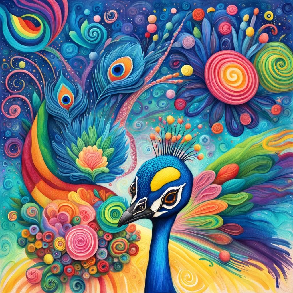 Vibrant Surreal Crayon Drawing of Whimsical Peacock and Play...