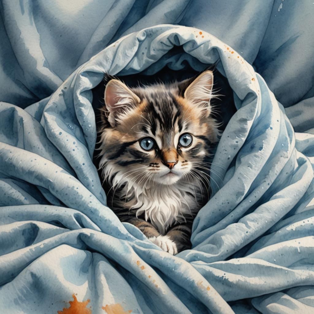 Kitten Hiding Under Blanket in Charcoal Sketch Style