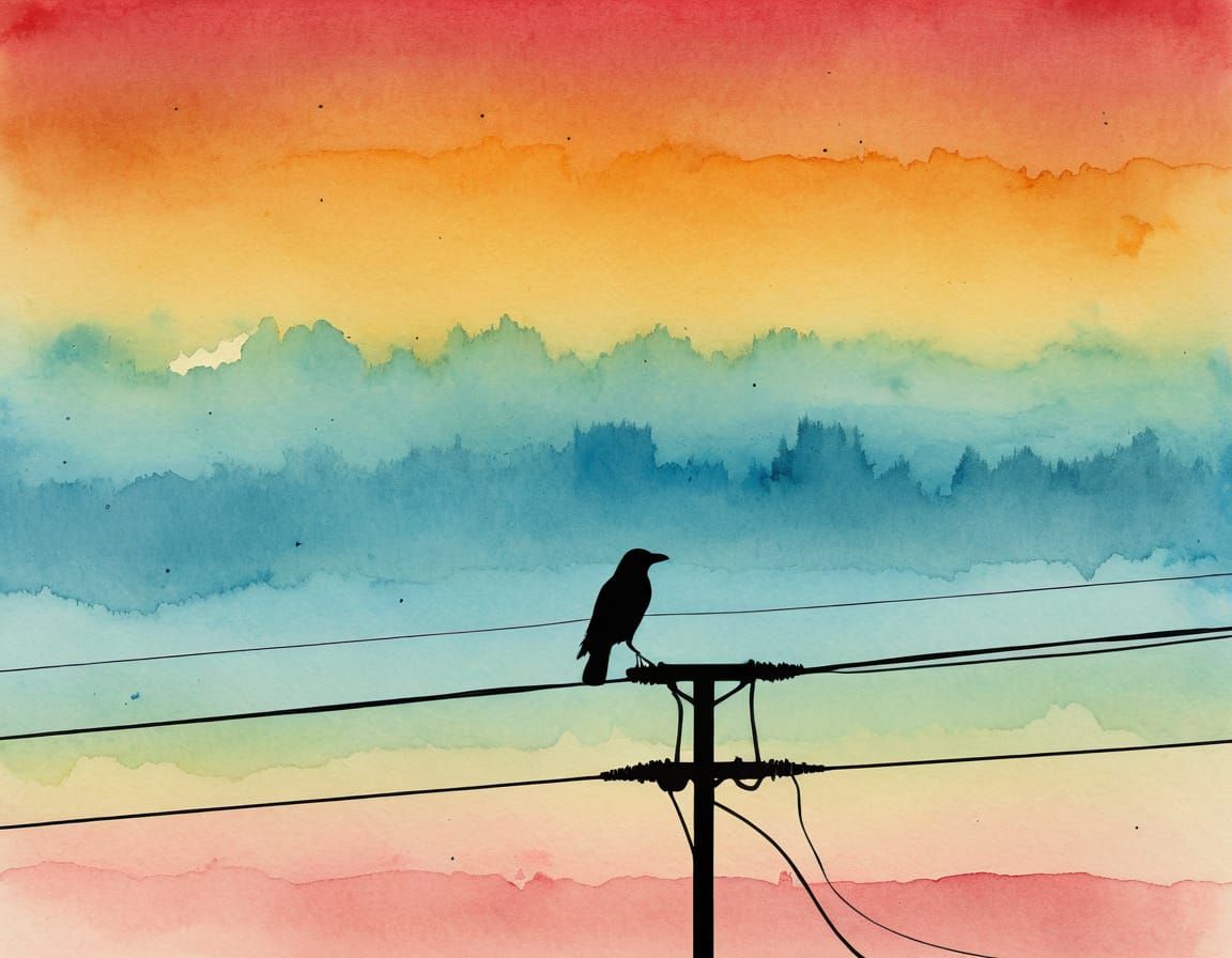 Crow Silhouette on Wire with Colourful Sky