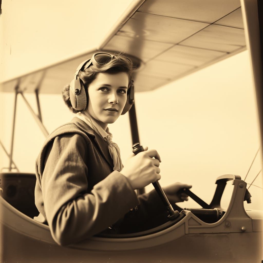 Amelia Earhart Portrait in Vintage Biplane